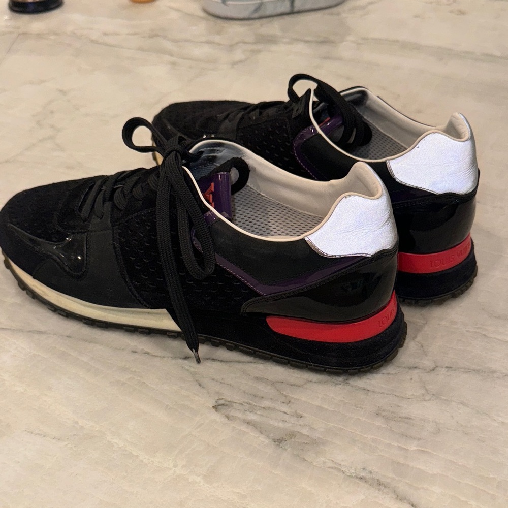 Louis Vuitton Black and Silver Sneakers with Red Accent
